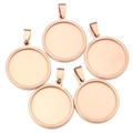 Macro view of five round rose gold stainless steel cabochon trays for DIY jewelry making - Inner Tray 25mm / Rose Gold