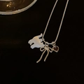 Close-up detail of a silver necklace featuring shell cat, bow, and heart pendants - 2# Necklace (HN11637) / Silver