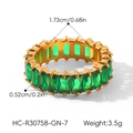 Detail view of 18k gold plated ring with green zircon stones showing width and diameter - US 6 / Emerald Green Rectangular Style (HC-R30758-GN)