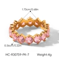 Macro detail of 18k gold plated ring featuring pink zircon stones with size dimensions - Pink Round Style (HC-R30759-PK)