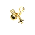 Detailed close-up of golden travel charms with camera, globe, and plane on a ring slider - Travel Theme Combo (Camera Globe Plane)