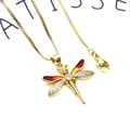 Gold dragonfly necklace with enamel wings and cubic zirconia on a square box chain - Red Orange Dragonfly Necklace (45cm)