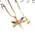 Gold dragonfly necklace featuring purple enamel wings and white zircon stones on box chain - Purple Dragonfly Necklace (45cm)