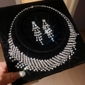 Detailed view of sparkling rhinestone necklace and tassel earrings jewelry set in box - Western Statement Multi-Layer Mesh Style (37#)