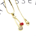 Macro shot of gold box chain with red enamel cherry pendant and sparkling zircon stones - Two-Tone Pave Cherry Style Necklace Set (Pendant + Chain) (6+Chain)