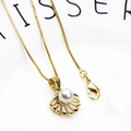 Gold box chain necklace with shell-shaped white enamel pendant and central pearl - Shell Artificial Pearl Necklace Set (Pendant + Chain) (8+Chain)