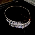 Close-up macro shot of sparkling zircon teardrop fringe choker on black velvet background. - Silver Short Tassel Collar / Silver