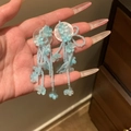 Handmade blue beaded flower tassel earrings with white shell-like base - Style 59 (Silver Pin)