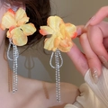 Close-up detail of yellow fabric flower earrings with long sparkling crystal tassels. - Silver Earring Post Style / Yellow