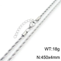Silberne Edelstahl-Kordelkette, 4mm Breite, 450mm Länge für Damen und Herren - Seilkette (KN298251-GC)