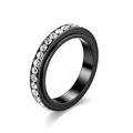 Detail view of black titanium steel ring featuring a single row of sparkling crystals - 7 / Round Style / Black