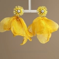 Detailed view of yellow flower tassel earrings with crystal center and fabric petals - Lightweight Gauze Large Petal Style (22# Silver Earring Post - Yellow)