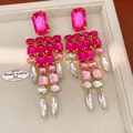 Close-up of elegant vintage hot pink crystal tassel earrings displayed in a jewelry tray - Dangle Earrings / Pink