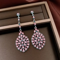 Detailed view of vintage pink and blue rhinestone dangle earrings in a gift box - Fan Teardrop Tassel Drop Earrings Style (81#) / Silver-Blue-Pink