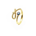 Dettaglio dell'anello regolabile malocchio con fascia a corda dorata e inserto blu - Stile Malocchio / Aperto Regolabile / Oro