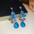 Elegant blue butterfly earrings with purple zircon accents and large teardrop pendants - 15# Silver Earring Post - Blue