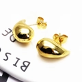 Polished golden bean-shaped stud earrings in a glossy water drop design with butterfly backs - Water Drop Bean - Medium (10 Medium)
