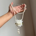 Detail of white rose pendant and pearl tassels on elegant double-layer necklace - Necklace-White / White