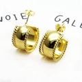 Close-up of gold plated C-shape hoop earrings with twisted rope edges and butterfly backs - Wide Twisted Rope Hoop Earrings (4) / Gold