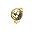 Detailed view of gold Tree of Life ring with micro-pave cubic zirconia and heart cutouts - Adjustable Open / Tree Of Life Style / Gold