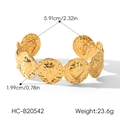 Detail view of golden strawberry medallion cuff bracelet with size measurements - Gold Strawberry Relief Round Style (HC-B20542)