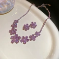 Detailed macro shot of pink zircon flower necklace and matching stud earrings jewelry set - 6# Necklace-Pink