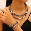 Close-up detail shot of double-layered woven rope necklace and bracelet set with silver tubes - 25 White Gold Plated X730