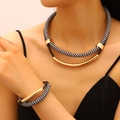 Fashionable double-layered woven rope necklace and bracelet jewelry set with gold metal tubes - 24K Gold Plated X724