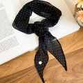 Black polka dot skinny scarf with rose flower detail, vintage style silk neck tie. - Black Polka Dot (Necklace Style)