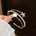 Close-up of elegant double-layer open bangle with zircon starfish and shell flower - Starfish Shell Style (4#) / Silver