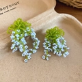 Handmade beaded flower tassel earrings with silver needles in soft blue and green - Style 15# / Silver Needle-Green-Blue