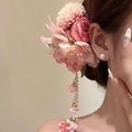 Pince à cheveux fleur rose élégante avec glands en perles pour accessoire d'été doux - Pince à Cheveux (37#) / 1 Pièce / Rose