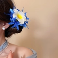 Pince à cheveux fleurie bleue et blanche élégante, accessoire de mode style d'été - Pince à Cheveux (22#) / 1 Pièce / Bleu foncé