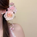 Pince à cheveux fleur rose avec pompons de perles pour une coiffure d'été élégante - Pince (49#) / 1 Pièce / Rose