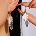 Detailed close-up of vintage feather earrings with colorful gradient leaf texture - No.03 Blue Purple Silver Gradient Feather (X406)