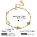 Macro view of stainless steel charm bracelet with length, weight and material specs - Daisy and Ladybug Four-leaf Flower Style (JDB0212206)