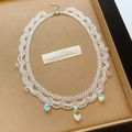 Elegant palace style iridescent glass bead lace choker with rainbow crystal teardrops - White