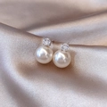 Elegant 925 silver needle earrings featuring round white pearls and sparkling cubic zirconia - Bright Prong Set Zircon Pearl / 9# Silver Needle Zircon Pearl Studs