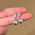 Silver needle pearl drop earrings with sparkling pavé studs in elegant silver-gray - Silver Gray Luster Pearl / 28# Silver Needle Zircon Pearl Round Studs