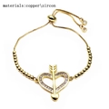 Adjustable gold heart and arrow bracelet with micro-pave zircons and bead chain link - Cupid's Arrow Heart Style(1) / Gold
