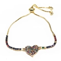 Close-up of heart charm with colorful pavé stones on gold-tone adjustable box chain - Heart Multicolor Artificial Gem Inlaid Style (14) / Gold