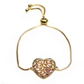 Detailed top view of gold heart bracelet with baguette zircons and adjustable slider - Hollow Pave Heart With Red Inner Heart Style (19) / Gold