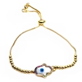 Detailed close-up of golden Hamsa hand bracelet with zircon evil eye and adjustable clasp - Hamsa Multi-Color Stone Style (6)