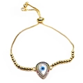 Macro shot of gold-plated evil eye bracelet with colorful zircons and adjustable bead chain - Waterdrop Style (9)