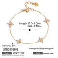 Detailed specifications of a stainless steel clover bracelet with white zircons and dimensions - Four-petal Flower Style (JDB0201303) / Gold