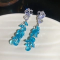 Elegant blue multi-faceted glass bead drop earrings with silver butterfly studs - 25# Silver Blue