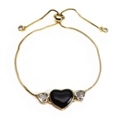 Detail of adjustable gold bolo bracelet with black heart and micro-pave zircon charms - Black Style 3