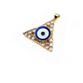 Macro view of gold-plated triangle evil eye pendant with clear zircon micro-inlays - Triangle - Blue Eye