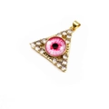 Macro detail of gold triangular evil eye pendant with pink zircon and clear micro pavé stones - Triangle - Pink Eye
