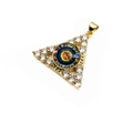 Macro detail of gold triangle evil eye pendant with colorful zirconia and white stones - Triangle - Colorful Eye